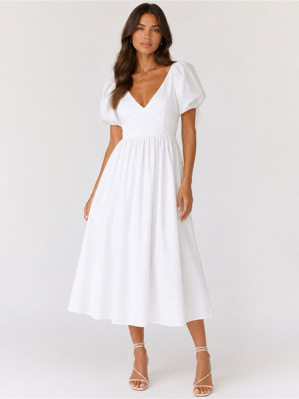 For Love And Lemons White V-Neck Puff-Sleeve Midi Dress